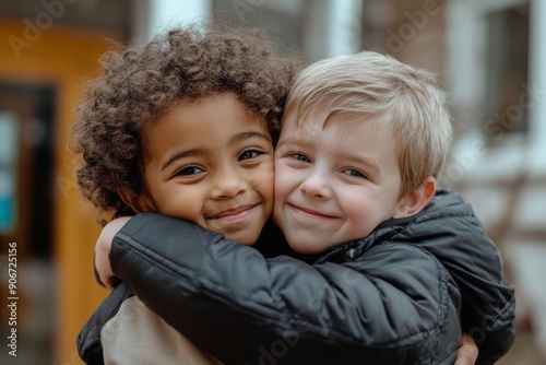 two diverse kids boys hugging and looking happy to see each other on back to school day. Kids friendship. Public and private education. 