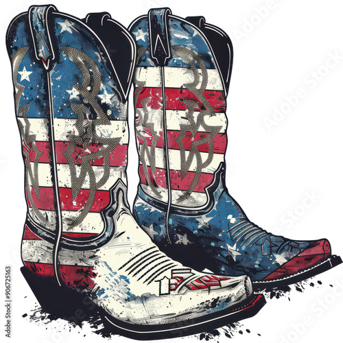 Two cowboy boots with American flag designs on them. The boots are worn by a cowboy and are decorated with stars and stripes