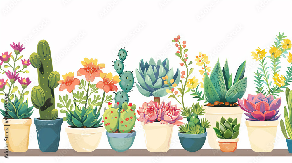 Colorful potted plants and flowers lined up on a shelf. Colorful potted plants and flowers lined up on a shelf.