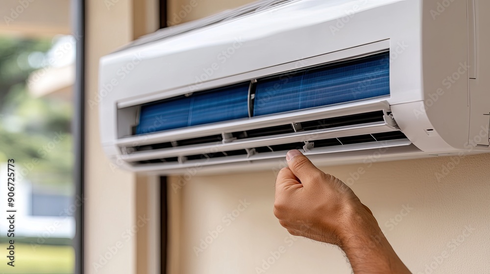 A sleek air conditioning unit releases cool air into a stylish indoor area featuring decorative plants and a minimalistic design A sleek air conditioning unit releases cool air into a stylish indoor area featuring decorative plants and a minimalistic design