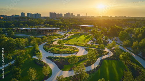 Scenic park at sunset, aerial view, winding paths, green landscape, urban skyline, serene atmosphere, recreational area, city park