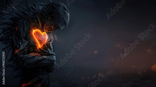 An illustration of a dark figure with a glowing heart and feather ornaments, holding chest in anxious feeling