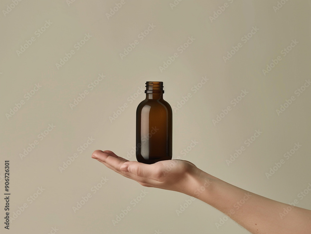 A young woman's hand is holding a beautiful unlabelled glass bottle on a plain color background. A young woman's hand is holding a beautiful unlabelled glass bottle on a plain color background.