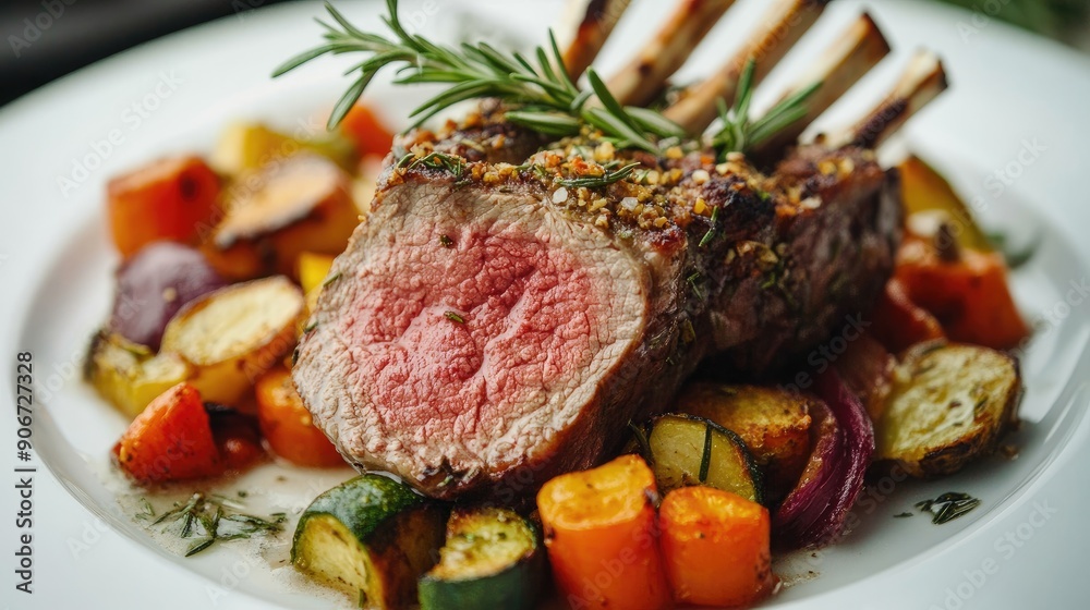 Perfectly cooked rack of lamb with a rosemary crust and a side of roasted vegetables. Perfectly cooked rack of lamb with a rosemary crust and a side of roasted vegetables.