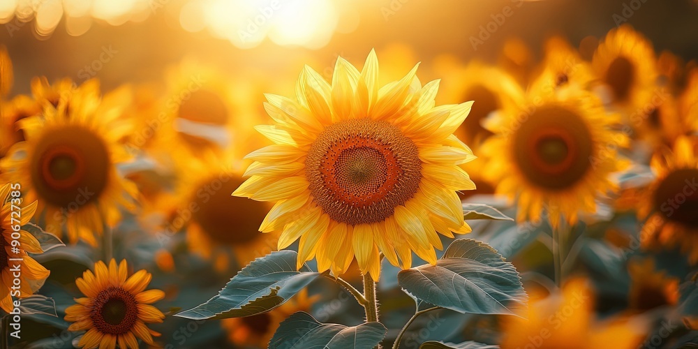 Golden Sunset Over Blooming Sunflower Field Golden Sunset Over Blooming Sunflower Field