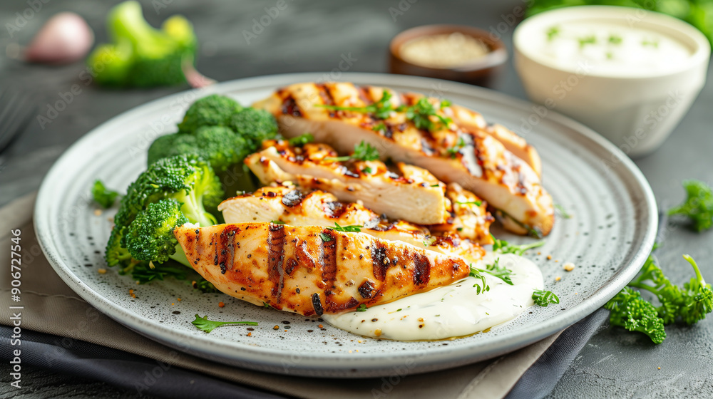 Healthy keto lunch with grilled chicken, broccoli, and a creamy sauce on a gray plate. Nutritious and delicious low-carb meal. Healthy keto lunch with grilled chicken, broccoli, and a creamy sauce on a gray plate. Nutritious and delicious low-carb meal.