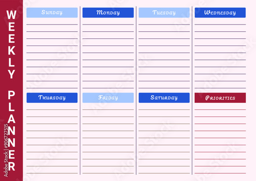 Weekly planner template with space for notes. Horizontal A4 page