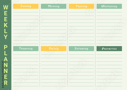Weekly personal plan template with space for text. Horizontal A4 page