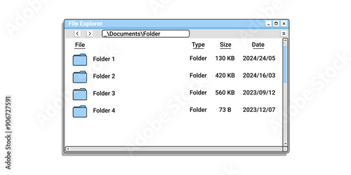 Old file explorer in blue color with folder. Document manager program in retro style.