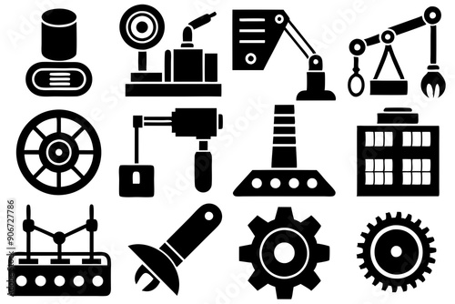 A set of bunch of realistic vector industrial design icons. Featuring tools, machinery, and product prototypes, silhouette black linocut vector art illustration