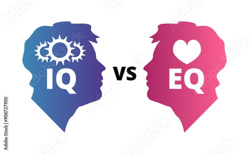 Concept of IQ vs EQ. Emotional and intelligence quotient. Head profiles with EQ and IQ symbols – gear and heart. Vector illustration isolated on a white background.