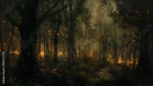 A mystical forest at dusk with glowing fireflies illuminating the path. The trees stand tall and dark, creating a sense of mystery and wonder.