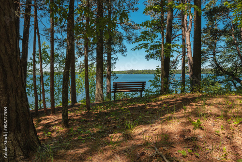 Shoreline bench in the morning shadows overlooking Trout Lake near Boulder Junction, Wisconsin