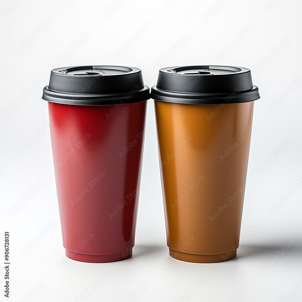 Coffee on the Go: Close-up of modern travel mugs or takeaway cups isolated on white background. Coffee on the Go: Close-up of modern travel mugs or takeaway cups isolated on white background.