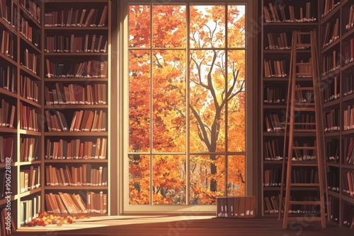 academic or home  library interior with tall bookshelves, a ladder, and a large window showing autumn fall trees, in a cozy, warm  minimal style illustration with copy space. back to school.