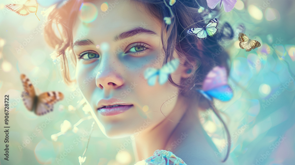 Dreamy portrait of a young woman with butterflies. Soft lighting and pastel tones create a magical, ethereal atmosphere. Dreamy portrait of a young woman with butterflies. Soft lighting and pastel tones create a magical, ethereal atmosphere.