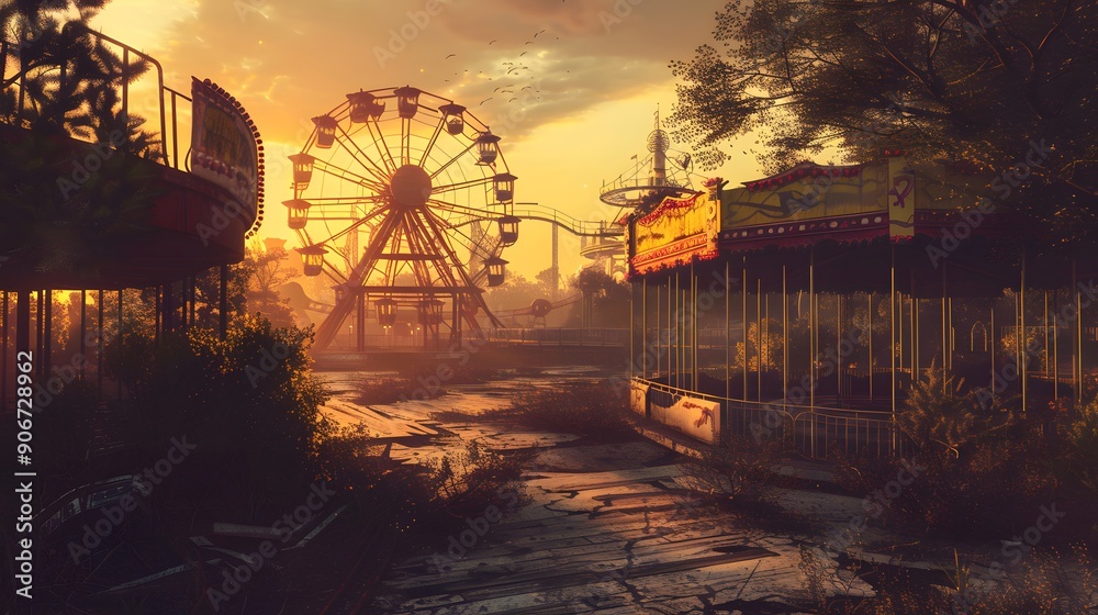 A rusty Ferris wheel stands tall amidst overgrown weeds in a deserted amusement park, bathed in the golden light of a setting sun. A rusty Ferris wheel stands tall amidst overgrown weeds in a deserted amusement park, bathed in the golden light of a setting sun.