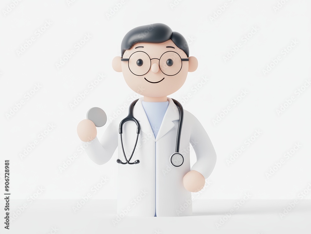 Fototapeta premium A 3D clipart of a cheerful doctor holding a stethoscope, in a bright and clean setting, white background, high-resolution photo, realistic photo