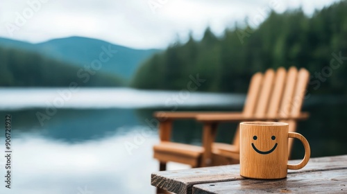 Lakeside dawn, wooden dock, cozy chair, coffee cup, misty lake, and a smiling logo on a wooden plaque,