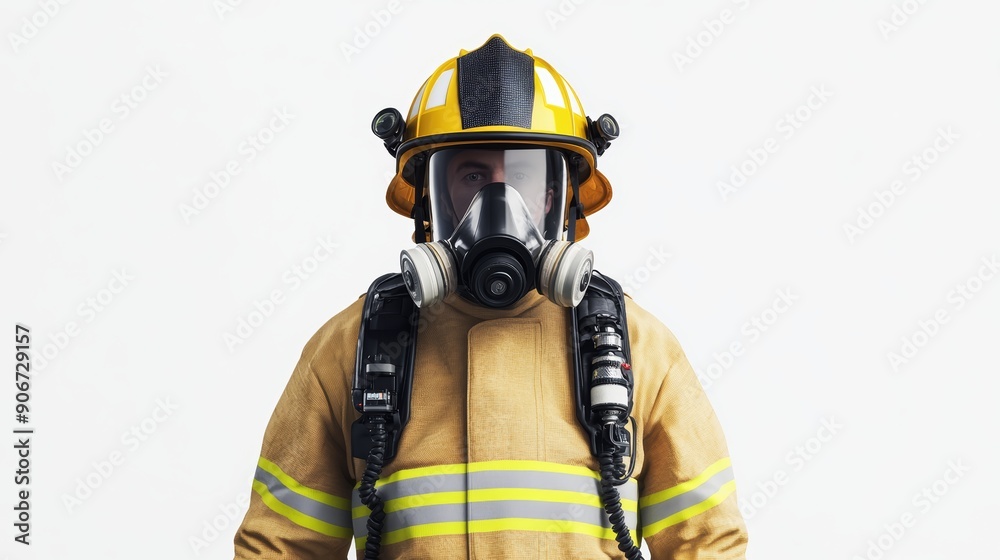 Naklejka premium A 3D clipart of a firefighter in full gear, standing confidently, white background, high-resolution photo, realistic photo