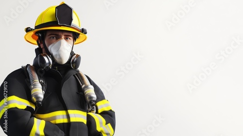 A 3D clipart of a firefighter in full gear, standing confidently, white background, high-resolution photo, realistic photo photo