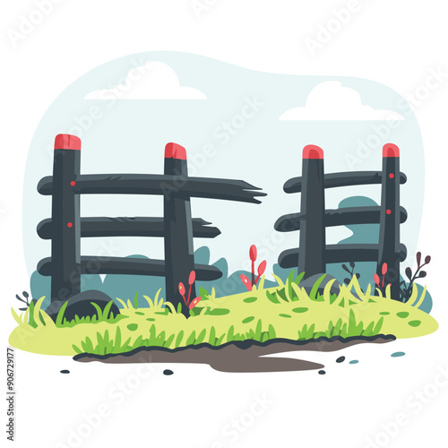 Rustic wooden fence surrounded green grass small flowers sky. Cartoon style wooden fence sits lush green grass, vibrant plants, clear blue skies. Quaint photo