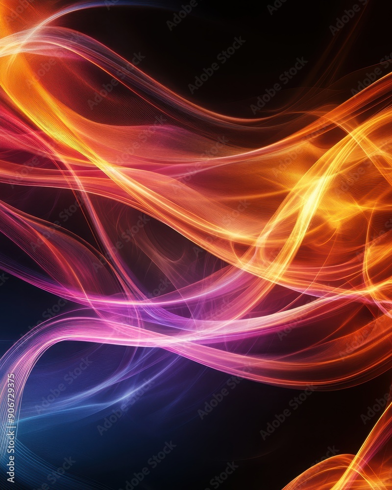 Fototapeta premium Vibrant abstract neon light trails in red, orange, purple, and blue hues against dark background creating a dynamic and futuristic design.