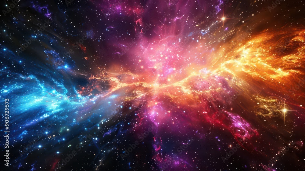 Fototapeta premium Produce a radiant galaxy with multicolored radiation particles and sparkling light, top view, visualizing cosmic energy, cybernetic tone, vivid, copy space for text,