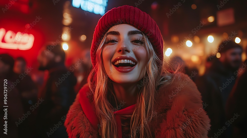 A woman in a red beanie and coat smiles brightly at an outdoor nighttime event, with blurred lights and people in the background, This image can be used for promotional materials, advertising A woman in a red beanie and coat smiles brightly at an outdoor nighttime event, with blurred lights and people in the background, This image can be used for promotional materials, advertising