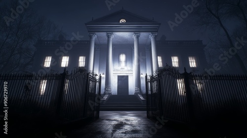 A gothic mansion with iron gates, overgrown vines, and ghostly lights in the windows, high-resolution photo, realistic photo photo