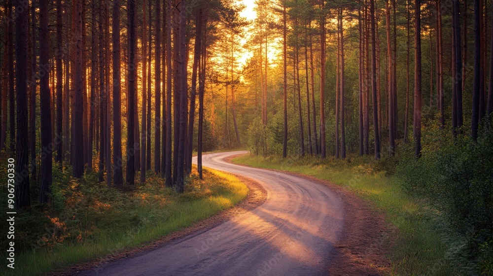 Obraz premium Serene Sunrise Drive: Tranquil Road through Pine Forest with Golden Light, Nature Exploration Concept