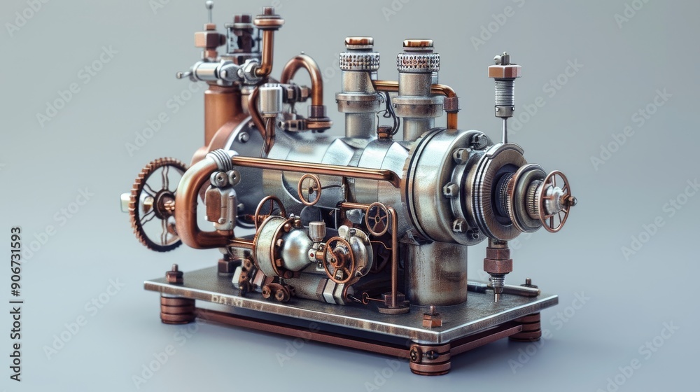 A steampunk-style engine with intricate gears, pipes, and valves.