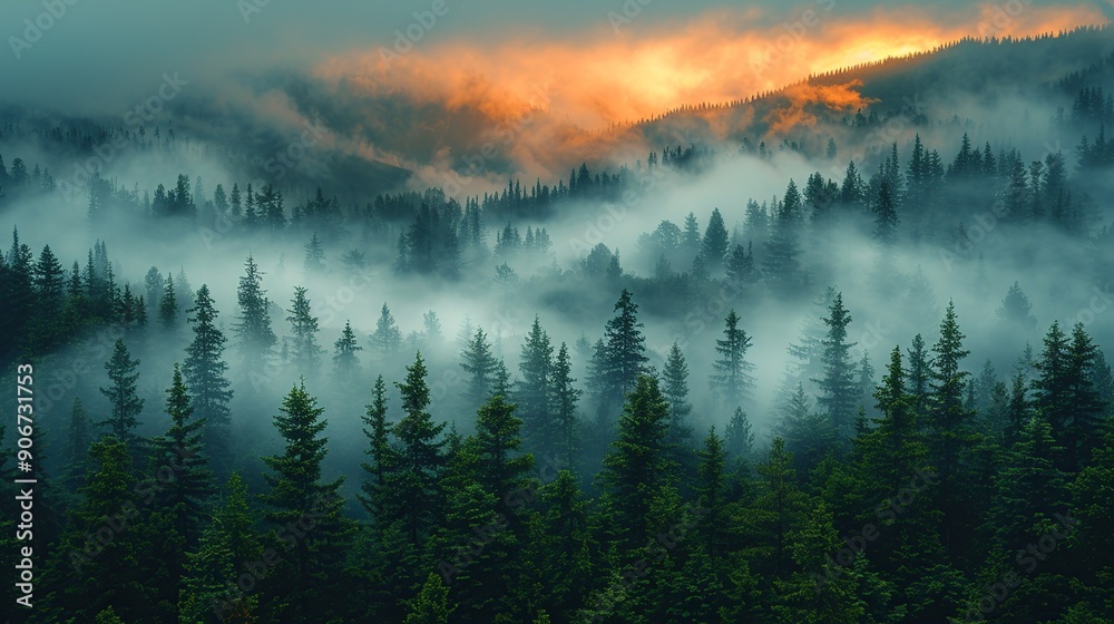 Obraz premium Stunning photograph of a forest at dusk with a mix of fog and smoke from wildfires, capturing the beauty and fragility of nature amidst increasing climate challenges. high resolution Illustration, in