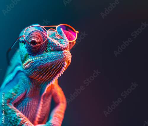a chameleon wearing sunglasses in front of a colorful background