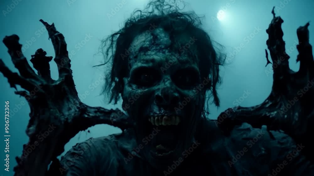 Horrifying ghoul with a skeletal face screams and raises clawed hands in a foggy, eerie atmosphere. Perfect for horror, thriller, and halloween projects