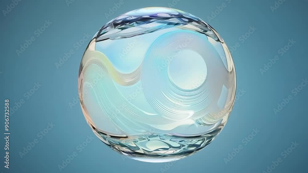 Close up of light reflecting through a clear glass sphere on a blue background, showcasing intricate patterns and reflections