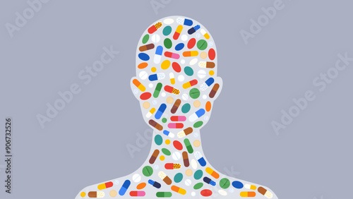 Medications. Various forms of pills, capsules and tablets fills head silhouette. Female heads shape. Treatment, recovery, therapy concept. Simple and quite vector illustration.