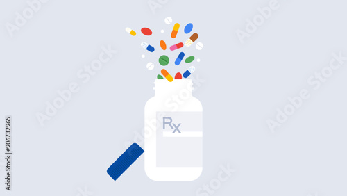 Assorted supplements and vitamins scatter out from one pill bottle. Medications, capsules and pills. Health care and treatment concept. Simple flat vector illustration.