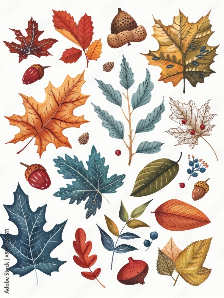 Obraz premium Collection of fallen autumn leaves and acorns on the ground