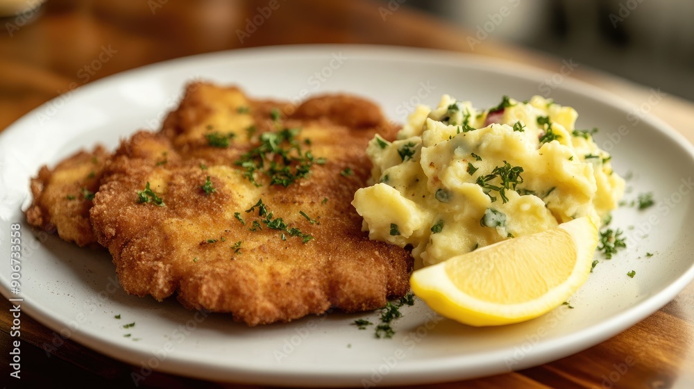 Traditional German schnitzel with a side of potato salad and lemon wedge. Traditional German schnitzel with a side of potato salad and lemon wedge.