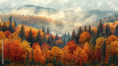 Captivating image of a forest in autumn with vibrant colors and a backdrop of smoky haze, highlighting the impact of climate change on seasonal changes and air quality. high resolution Illustration,
