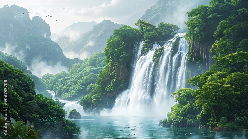 Fototapeta premium Dramatic scene of a waterfall surrounded by lush greenery with a mix of fog and smoke, illustrating the impact of climate change on water sources and surrounding habitats. high resolution