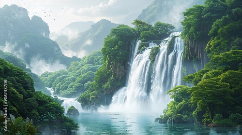 Dramatic scene of a waterfall surrounded by lush greenery with a mix of fog and smoke, illustrating the impact of climate change on water sources and surrounding habitats. high resolution