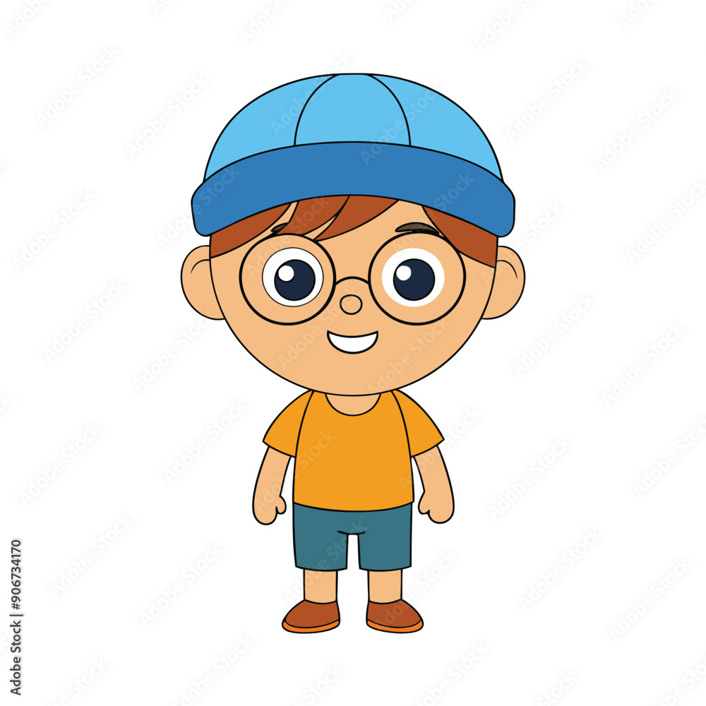 Smiling kid boy with cap and glasses cartoon vector illustration on white background. Smiling kid boy with cap and glasses cartoon vector illustration on white background.
