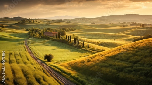 Rustic Farmhouse on Rolling Hills at Sunset