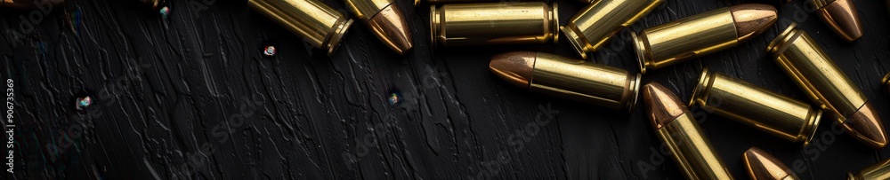 Fototapeta premium Brass gun bullets scattered on a black surface. Free copy space for text.