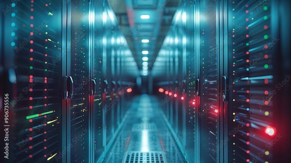 Fototapeta premium Illuminated server racks line a corridor in a data center, showcasing vibrant lights and high-tech equipment during nighttime operations.