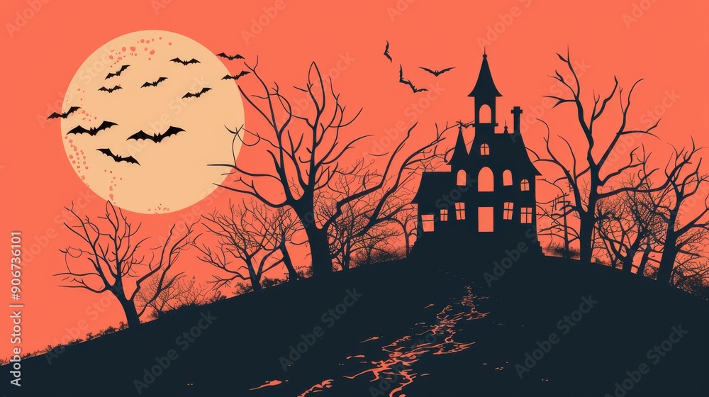 An old, spooky house on top of a hill with a full moon An old, spooky house on top of a hill with a full moon