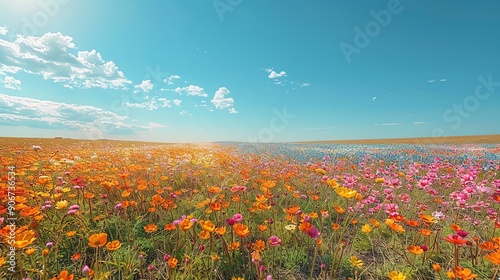 Beautiful scene of a vibrant field of flowers under a clear blue sky, transitioning to a drought-stricken landscape, capturing the effects of climate change on plant life. high resolution