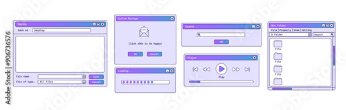 Set of old windows with gradient. Purple music player on computer. Retro file explorer program.